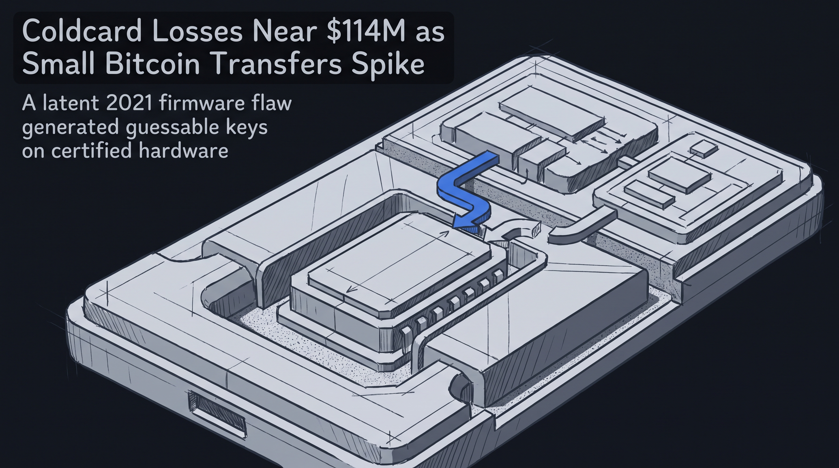 A cross-section diagram of the Coldcard microcontroller, emphasizing the internal 'Secure Element' chip. Two data lines emerge from different logic areas within the main MCU; only one line—carrying output from the faulty March 2021 code—is connected to the Secure Element's seed g